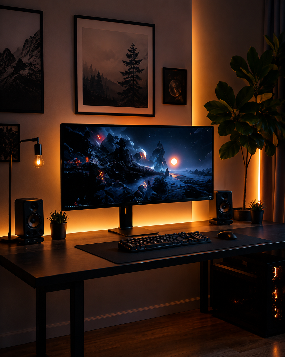Setup gaming con mesa amplia, monitor y luces LED