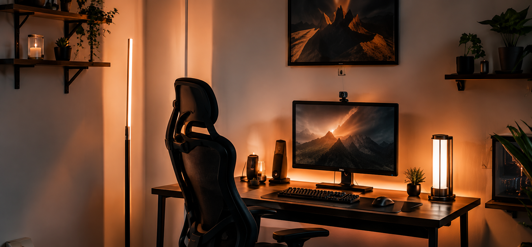 Setup gaming bonito y cómodo con silla gamer y luz cálida