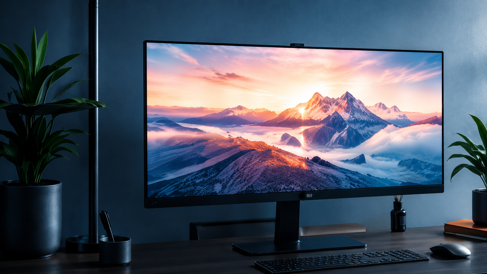 Setup gaming con monitor grande sobre escritorio moderno