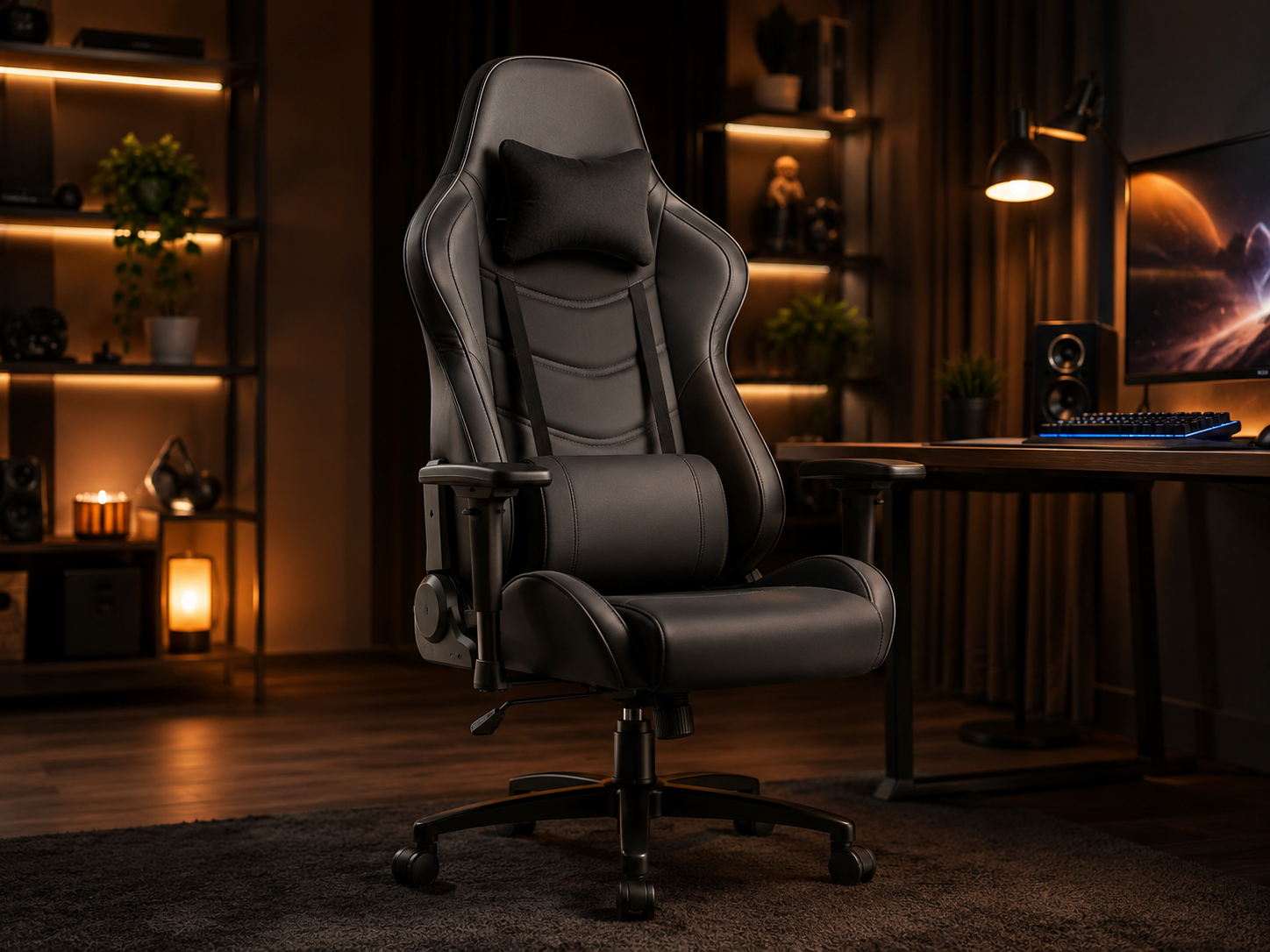 Silla gaming moderna en setup con luz ambiental