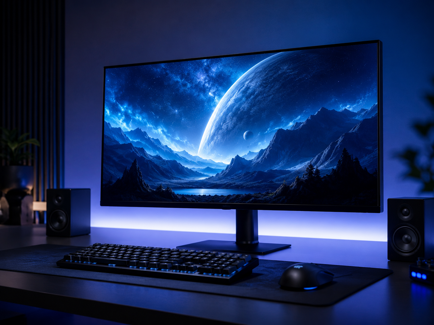 Monitor gaming ultra ancho sobre escritorio moderno con luz ambiental