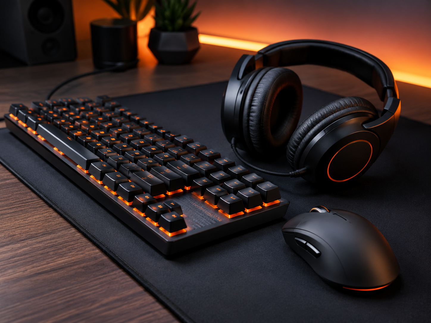 Teclado mecánico, ratón gaming y accesorios sobre escritorio oscuro