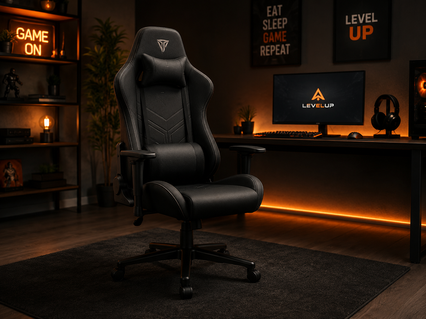 Silla gaming ergonómica en setup moderno con iluminación azul