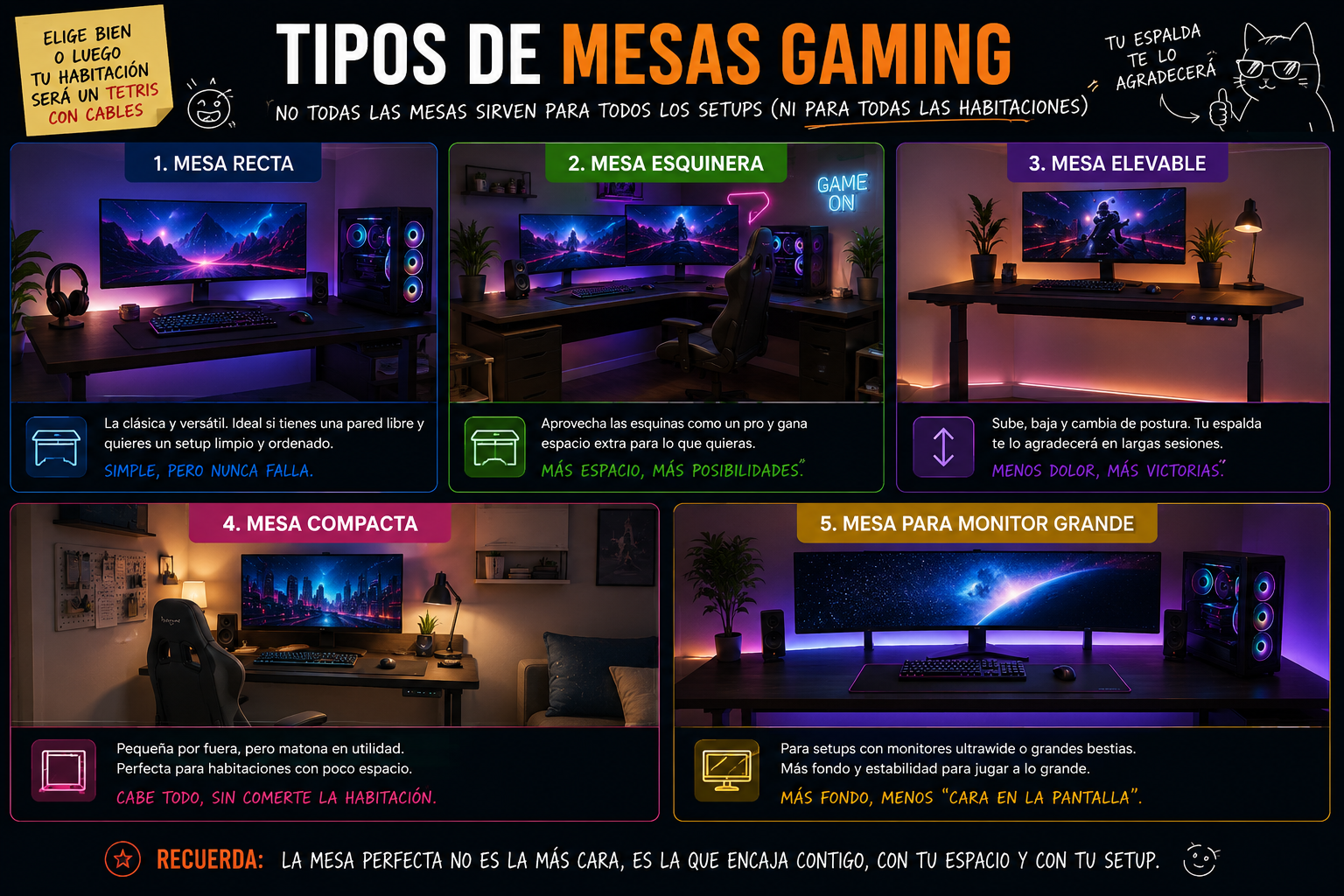 Infografía con tipos de mesas gaming: recta, esquinera, elevable, compacta y para monitor grande
