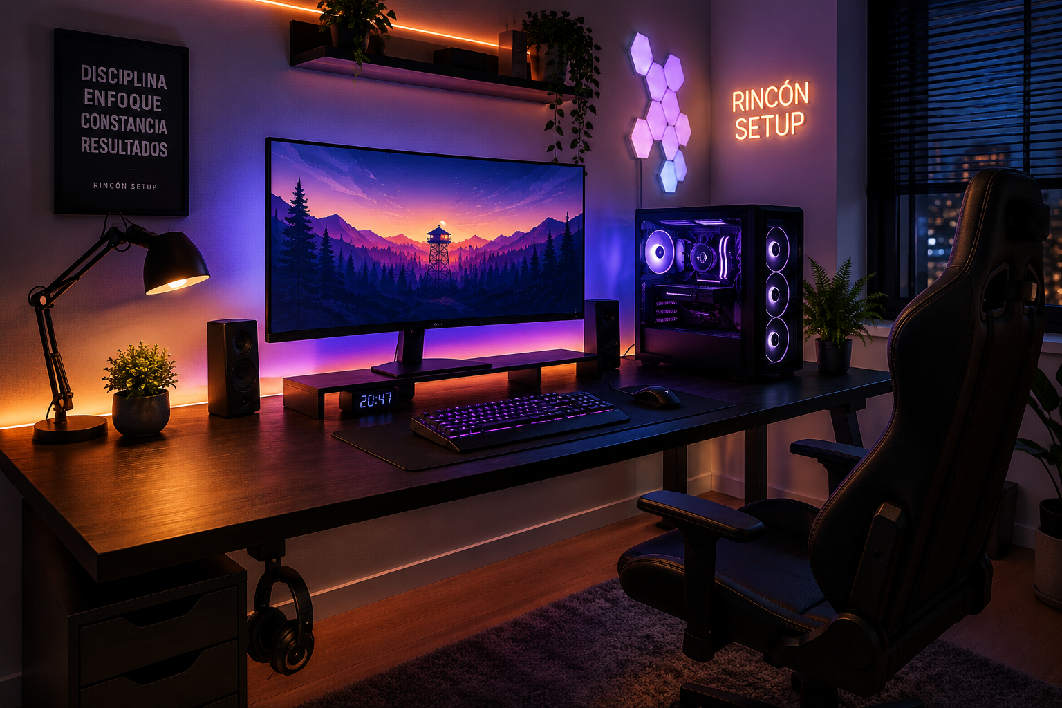 Mesa gaming amplia con monitor, teclado y luces LED