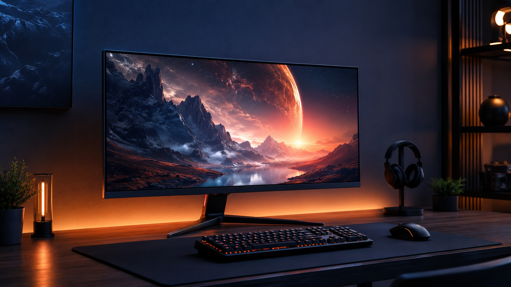 Monitor gaming en setup moderno con escritorio, teclado y luz ambiental