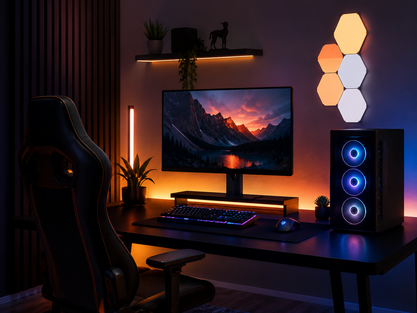 Setup gaming con luces LED, paneles RGB y ambiente moderno