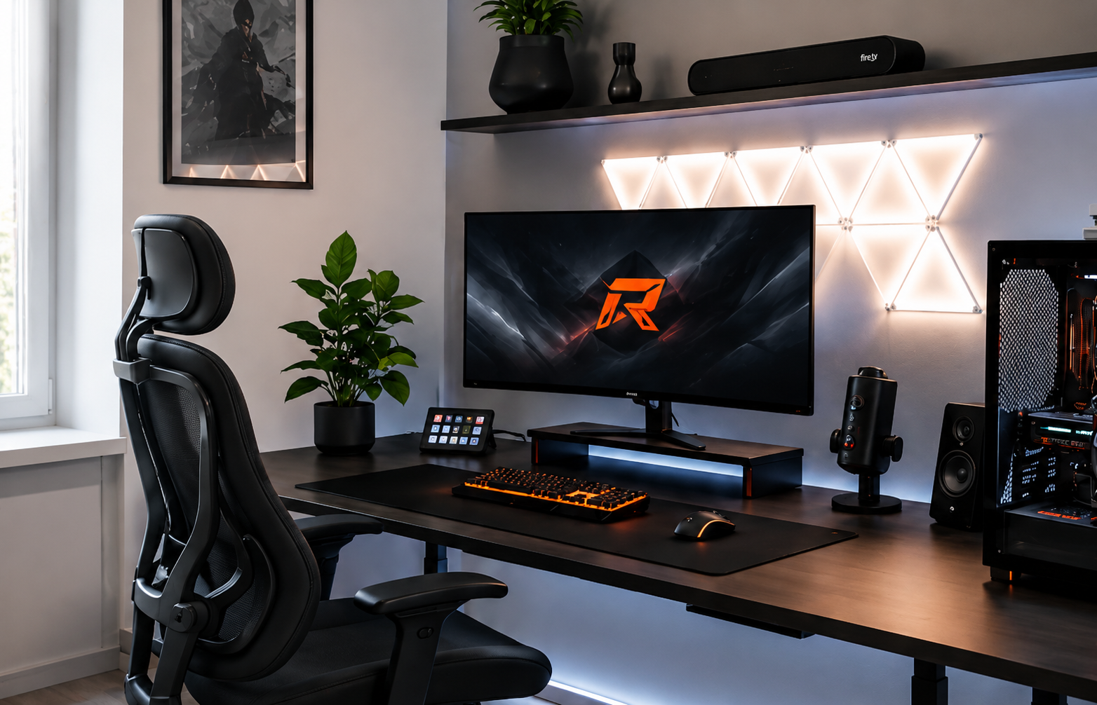 Setup gaming moderno con silla, monitor, teclado e iluminación LED