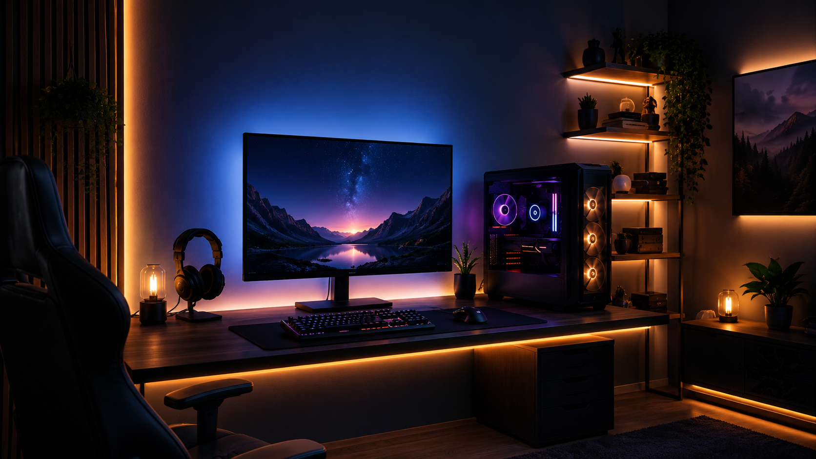 Setup gaming con luces LED bien colocadas