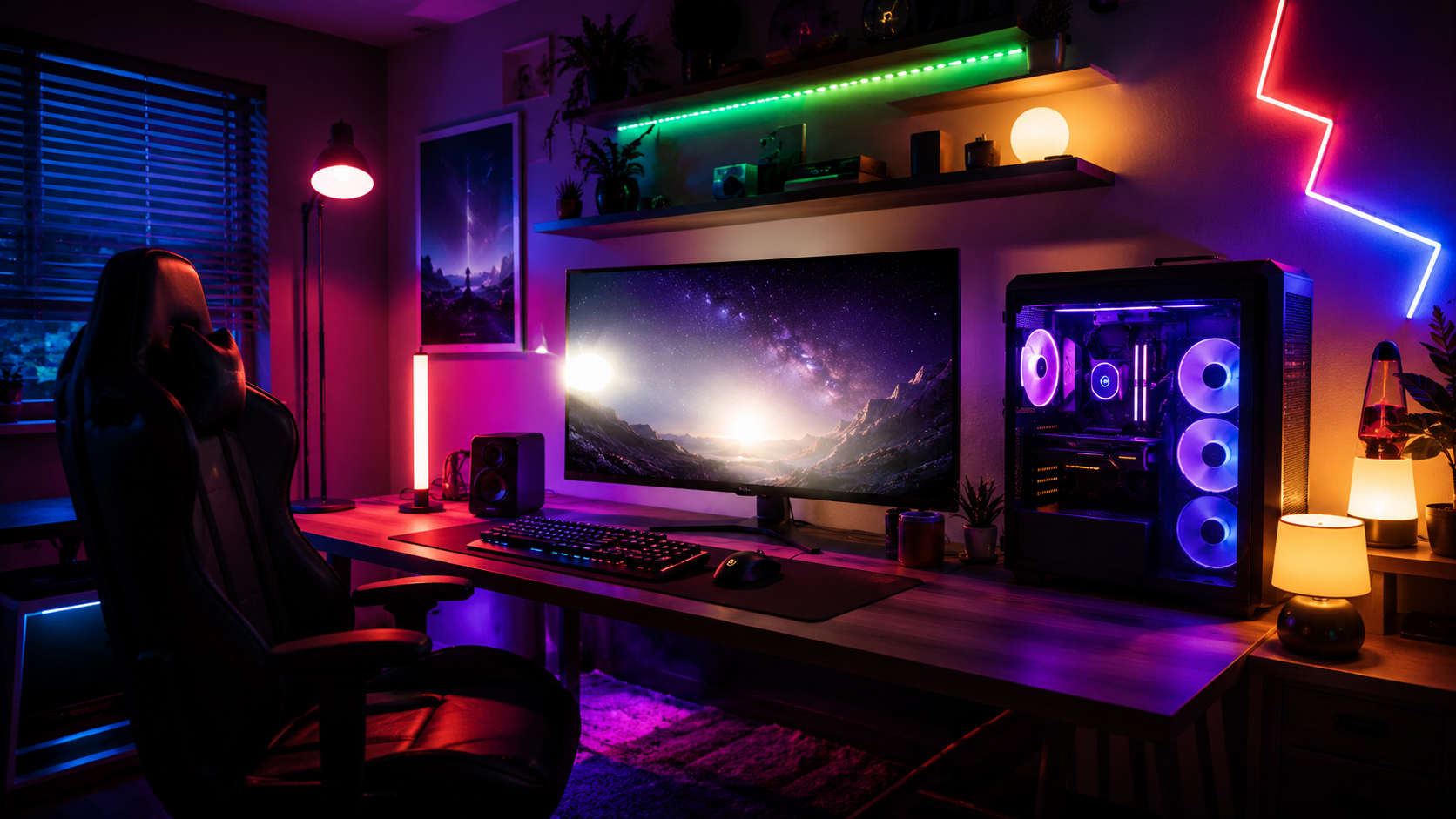 Tiras LED RGB colocadas en escritorio gaming